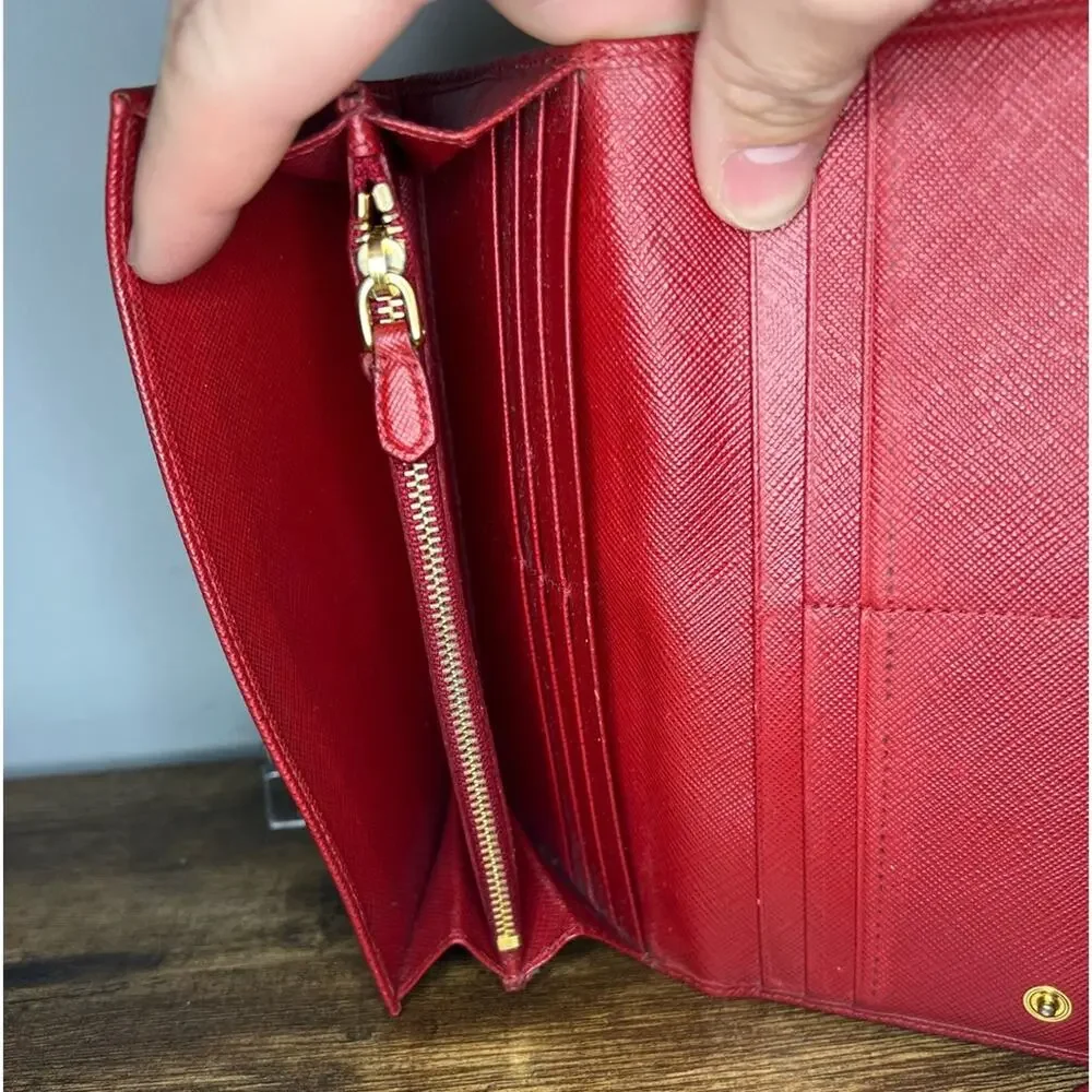 Prada Peonia Red Saffiano/Metal Wallet